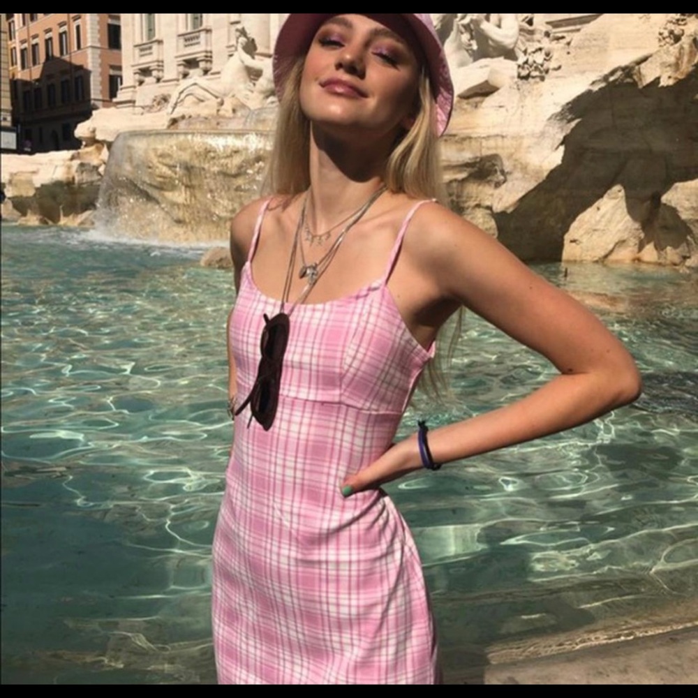 Rare brandy Melville bubble gum pink plaid Colleen dress!